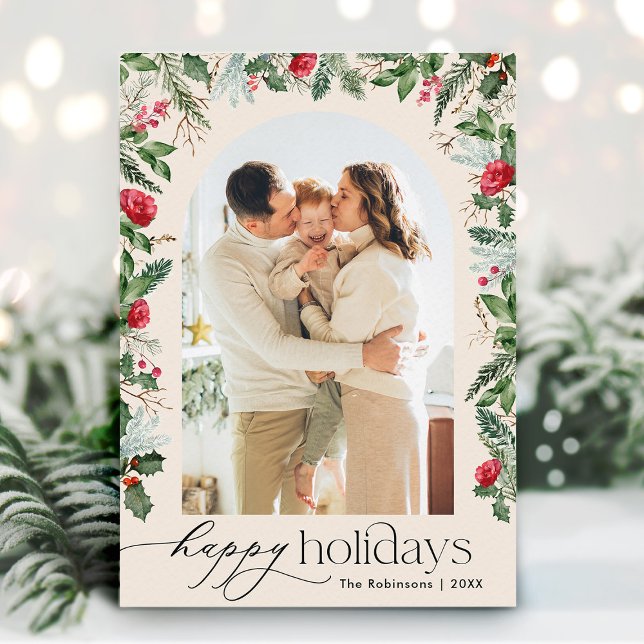 Boho Botanical Arch Happy Holidays 1 Photo Holiday Card (Creator Uploaded)