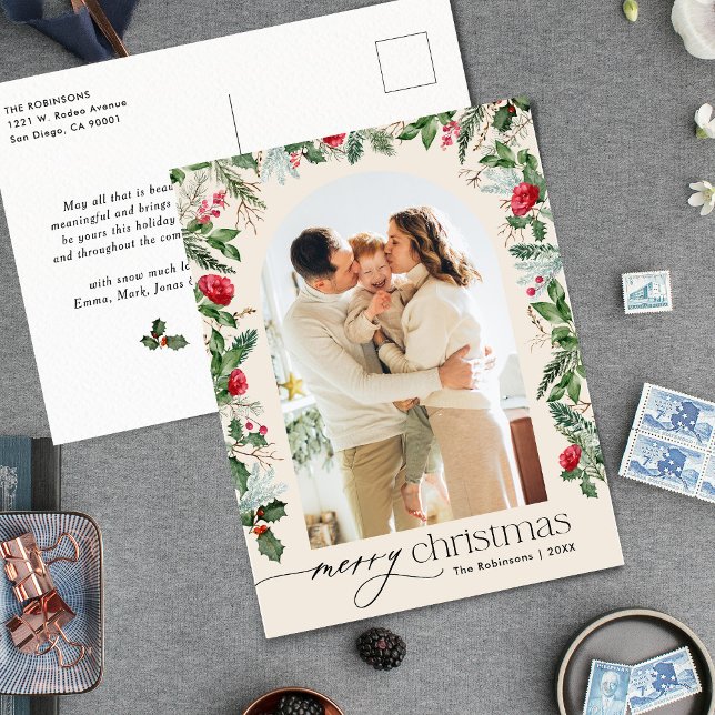 Boho Botanical Arch Merry Christmas Photo Holiday Postcard (Creator Uploaded)