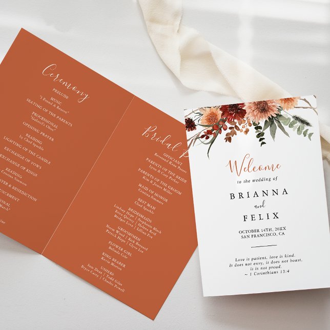 Boho Botanical Autumn Floral Folded Wedding  Programme (Creator Uploaded)