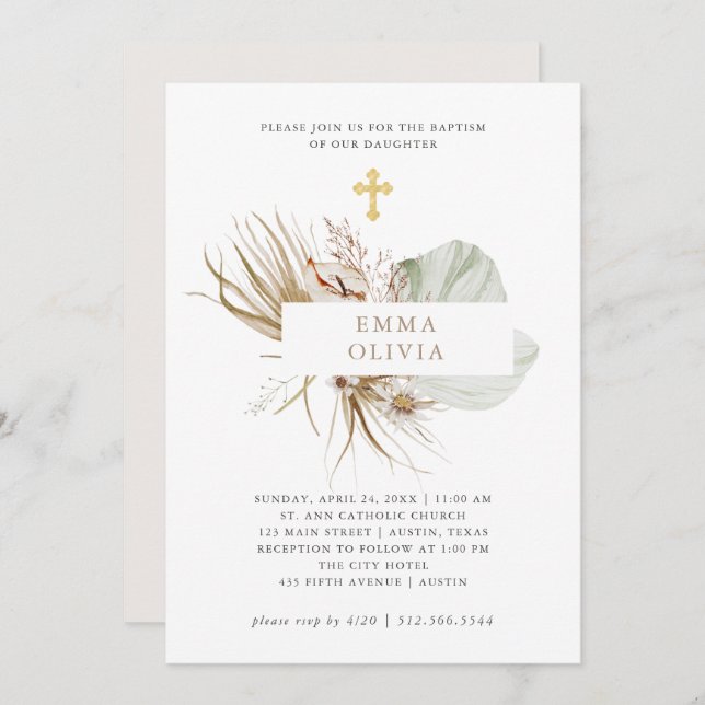 Boho Botanical | Baptism with Gold Cross Invitation (Front/Back)