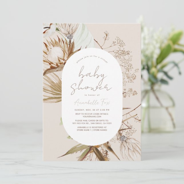 Boho Botanical Beige Virtual Baby Shower Invitation (Standing Front)