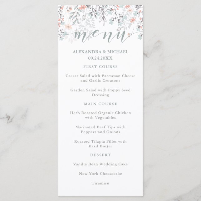 Boho Botanical Coral and Grey Wedding Menu (Front)