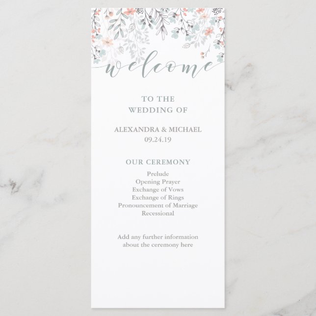 Boho Botanical Coral and Grey Wedding Program Programme (Front)