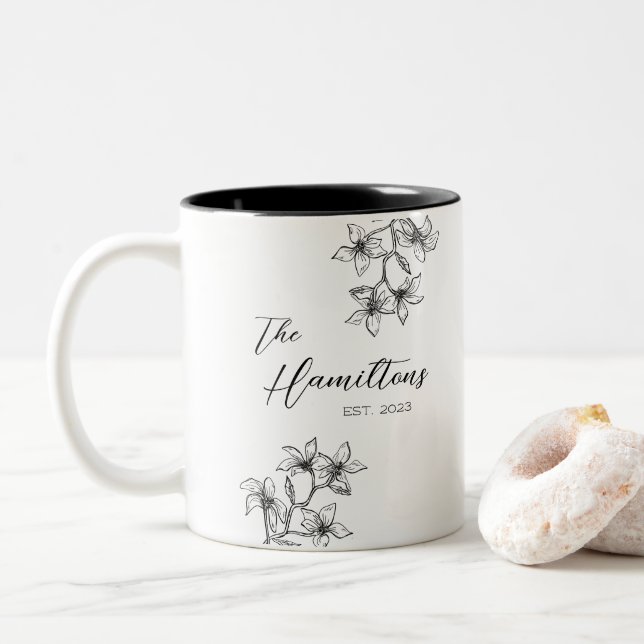Boho Botanical Custom Wedding Anniversary  Two-Tone Coffee Mug (With Donut)