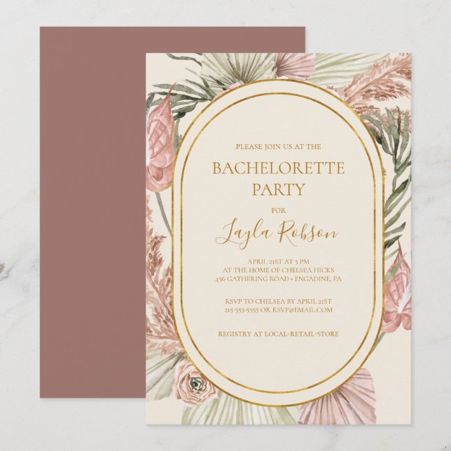 Boho Botanical Dusty Rose Bachelorette Party Invitation (Front/Back)
