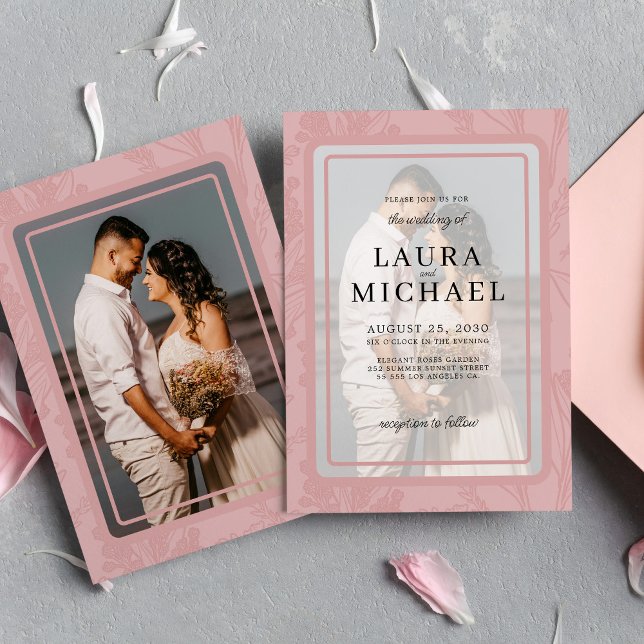 Boho botanical dusty rose frame photo wedding invitation (Creator Uploaded)