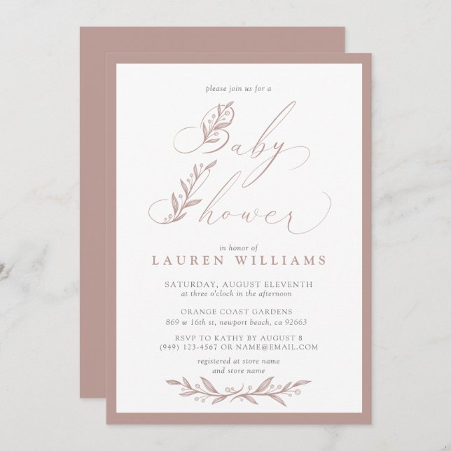 Boho Botanical Dusty Rose Pink Script Baby Shower Invitation (Front/Back)