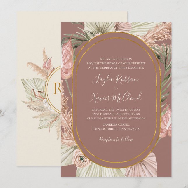 Boho Botanical | Dusty Rose Traditional Wedding Invitation (Front/Back)