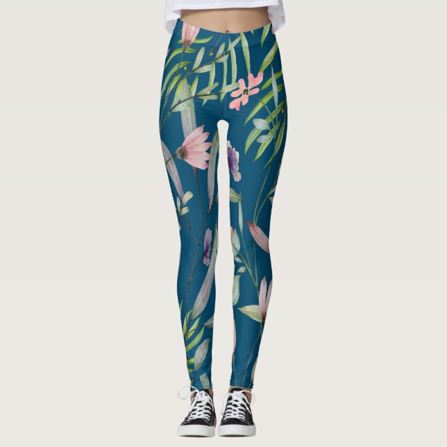 Boho botanical fashionable summer pattern navy leggings (Front)