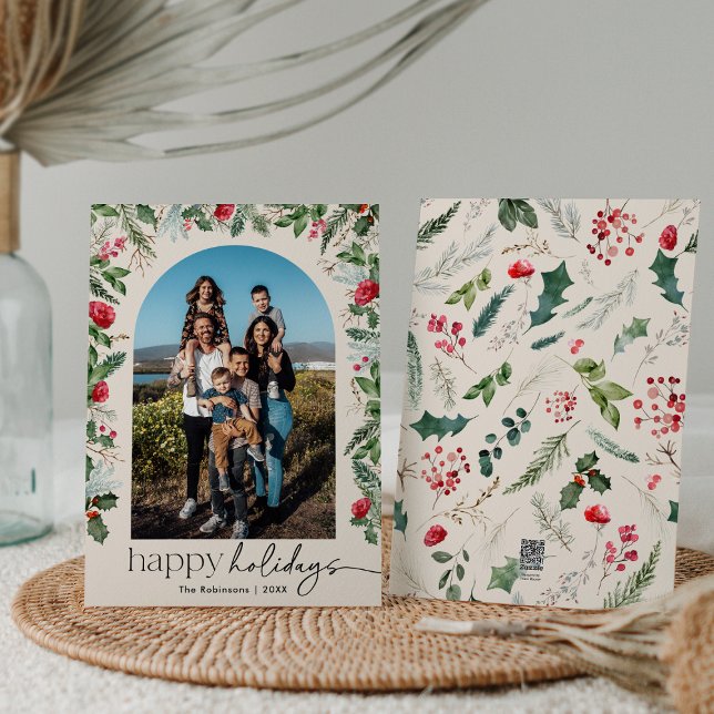 Boho Botanical Floral Arch Happy Holidays 1 Photo Holiday Card (Creator Uploaded)