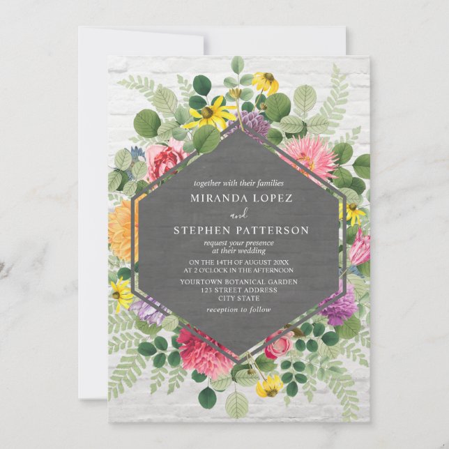 Boho Botanical Floral Geometric Brick Wedding Invitation (Front)