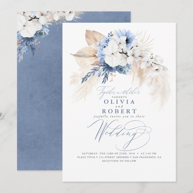 Boho Botanical Floral Modern Dusty Blue Wedding Invitation (Front/Back)