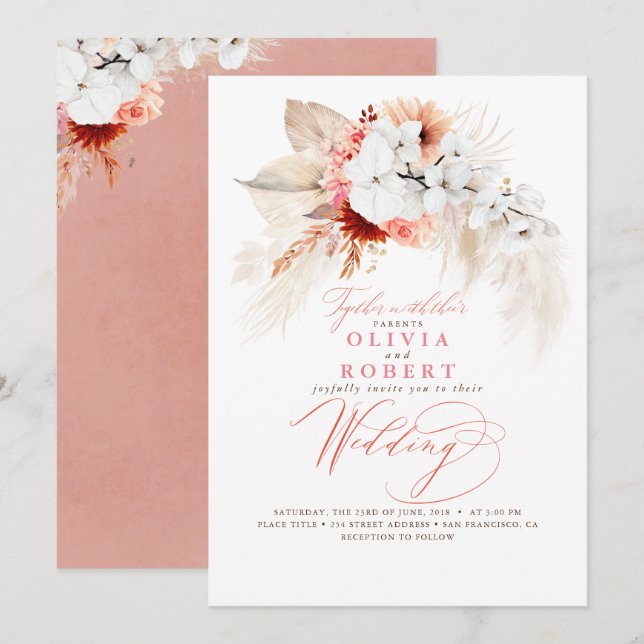 Boho Botanical Floral Modern Peach Pink Wedding Invitation (Front/Back)