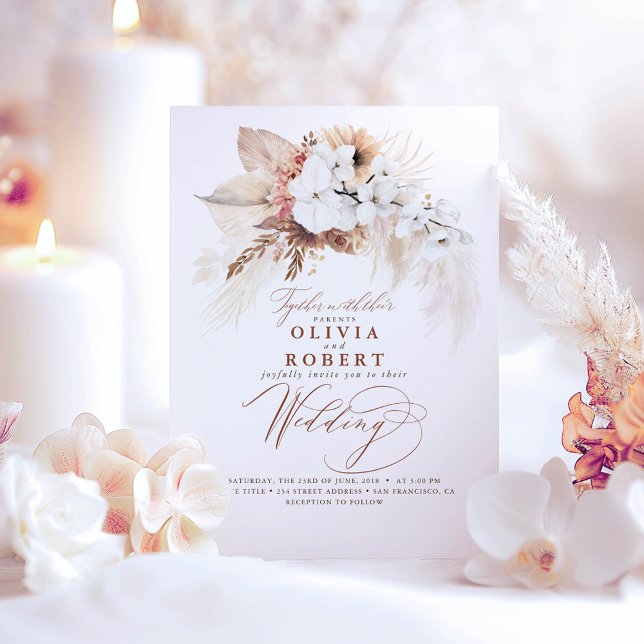 Boho Botanical Floral Modern Terracotta Wedding Invitation (Romantic Boho Wedding Invitation)