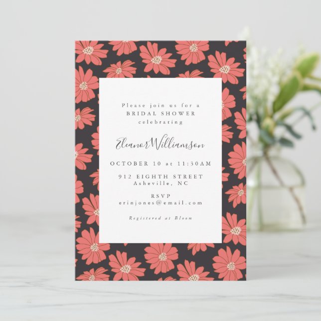 Boho Botanical Flowers Black Red Bridal Shower Invitation (Standing Front)