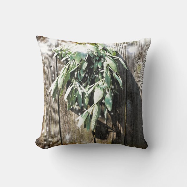 Boho botanical green herbs barn wood twinkle light cushion (Front)