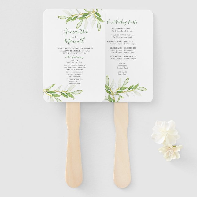 Boho Botanical Green Watercolor Leaves Hand Fan (Front and Back)