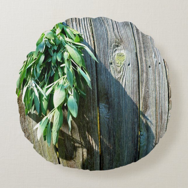 Boho botanical herb leaves rustic Barn-wood  Round Cushion (Front)