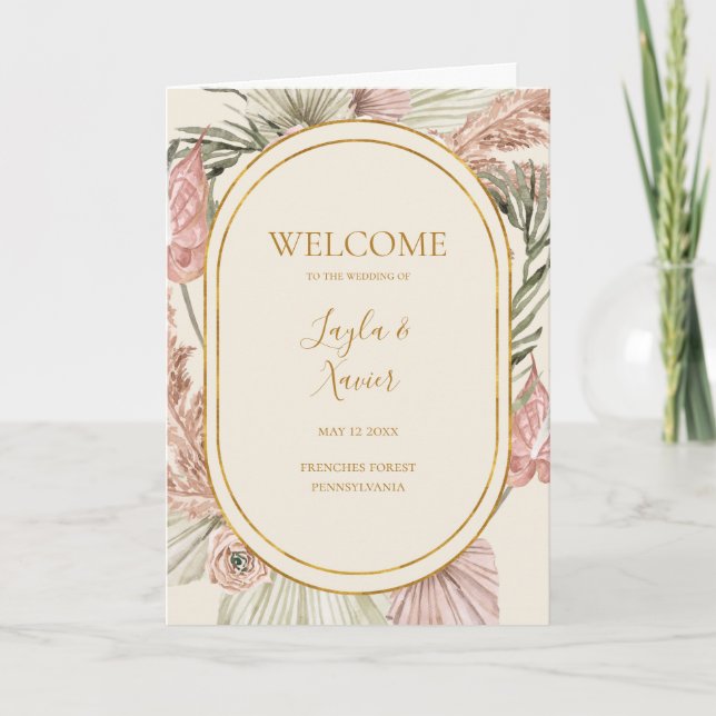 Boho Botanical Ivory and Green Folded Wedding Programme (Front)