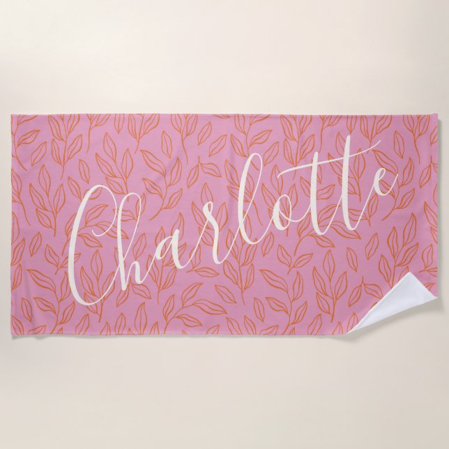 Boho Botanical Leaf Pattern in Pink Personalised  Beach Towel (Front)
