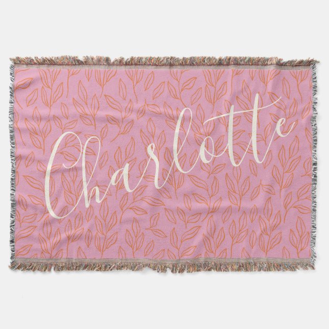 Boho Botanical Leaf Pattern in Pink Personalised  Throw Blanket (Front)