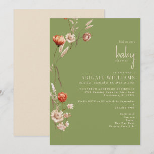 Boho Botanical Moss Green & Cream Baby Shower  Invitation