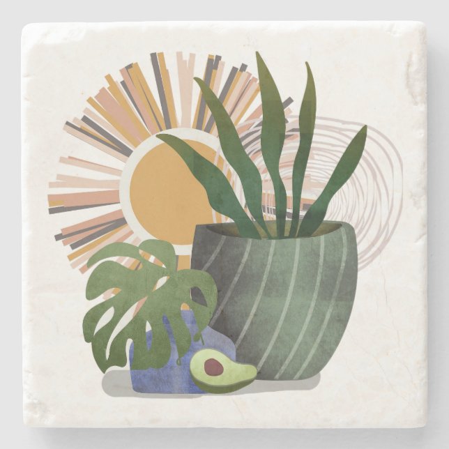 Boho Botanical Neutral Mid Century Stone Coaster (Front)