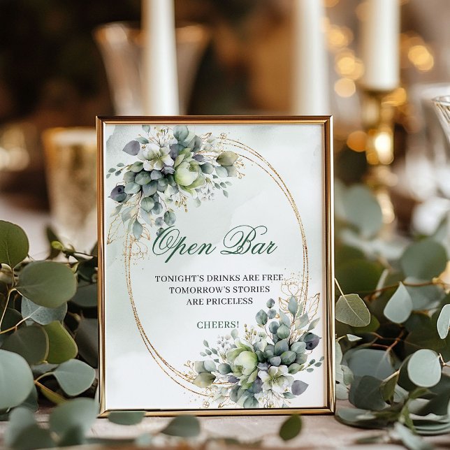 Boho Botanical Open Bar Sign Dusty Green 8x10 (Boho Botanical Open Bar Sign Dusty Green 8x10)