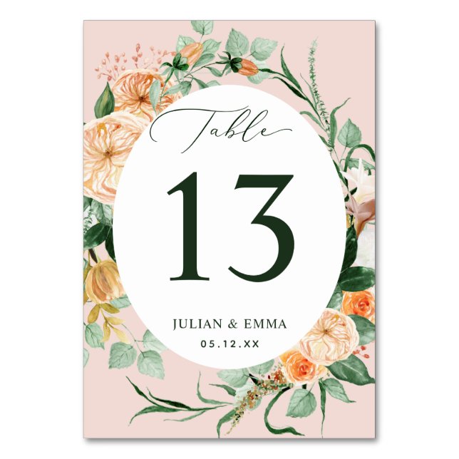 Boho Botanical Pink Greenery Floral Personalised Table Number (Front)