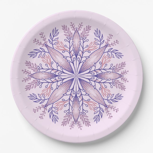 Boho Botanical Purple Fantasy Flower Mandala Paper Plate (Front)
