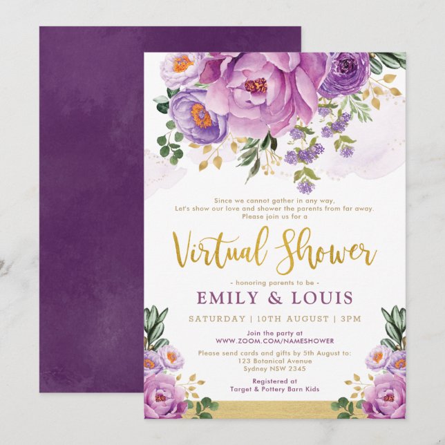 Boho Botanical Purple Floral Virtual Baby Shower Invitation (Front/Back)