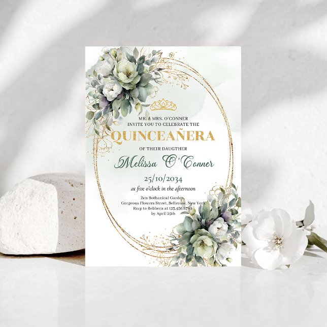 Boho Botanical Quinceañera Greenery Gold Invitatio Invitation (Boho Botanical Quinceañera Greenery Gold Invitation)