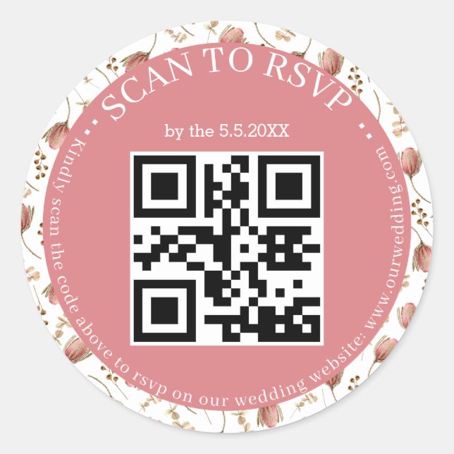 boho botanical rsvp qr code  wedding classic round sticker (Front)