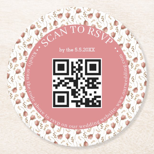 boho botanical rsvp qr code  wedding stylish round paper coaster (Front)