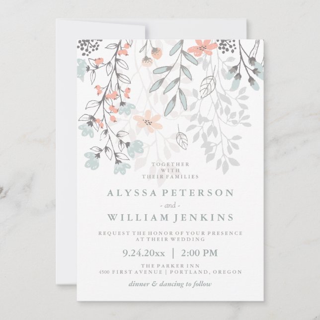 Boho Botanical Rustic Wedding in Coral and Grey Invitation (Front)