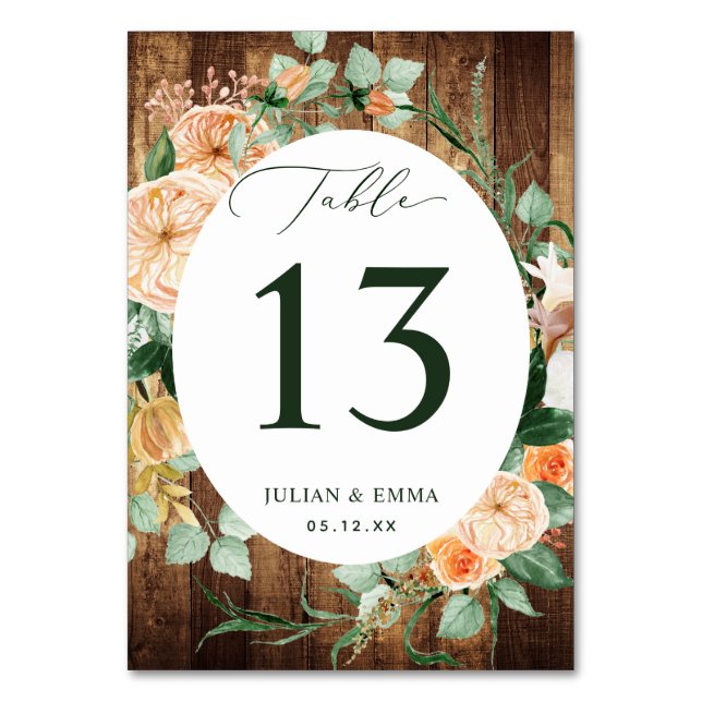 Boho Botanical Rustic Wood Floral Personalised Table Number (Front)
