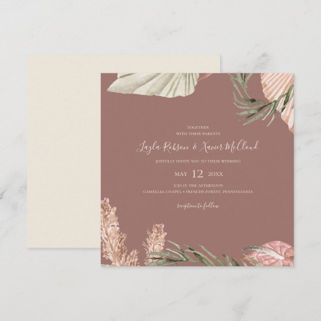 Boho Botanical | Simple Dusty Rose Square Wedding Invitation (Front/Back)