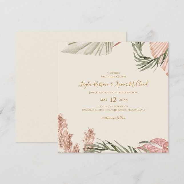 Boho Botanical | Simple Ivory Square Wedding Invitation (Front/Back)