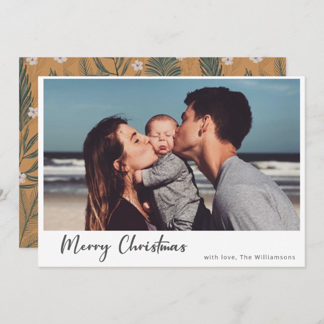 Boho Botanical Simple Script Merry Christmas Photo Holiday Card (Front/Back)