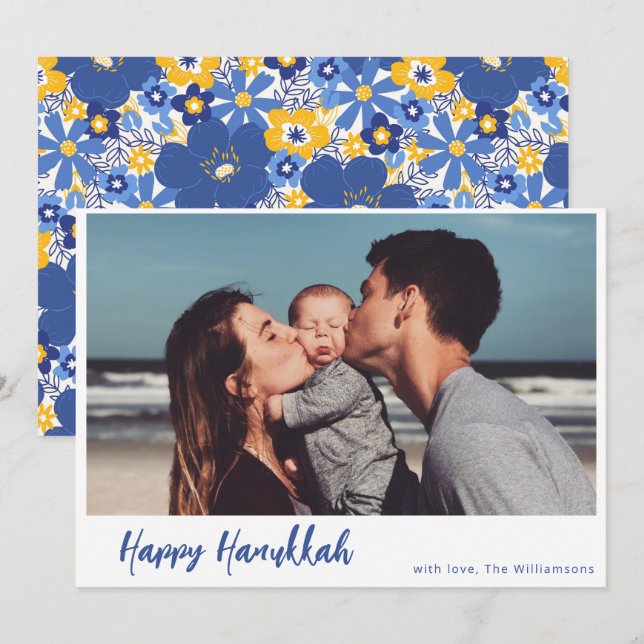 Boho Botanical Simple Script Photo Happy Hanukkah Holiday Card (Front/Back)