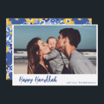 Boho Botanical Simple Script Photo Happy Hanukkah Holiday Card<br><div class="desc">Simple Boho Modern Script Happy Hanukkah Photo Holiday Card with Botanical Back in Blue and Yellow</div>