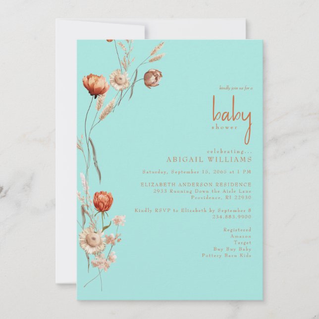 Boho Botanical Turquoise Baby Shower Centred Invitation (Front)