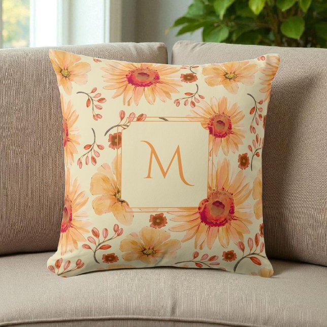 Boho Botanical Watercolor Cream Orange Floral  Cushion (Creator Uploaded)