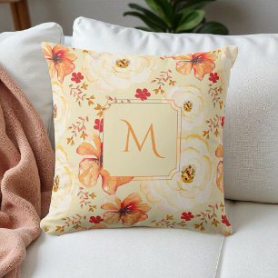 Boho Botanical Watercolor Cream Orange Floral  Cushion