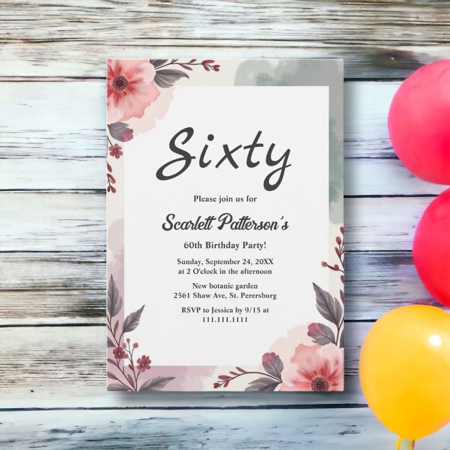 Boho Botanical Watercolor Floral 60th Birthday Invitation (Creator Uploaded)