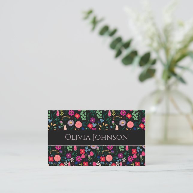 Boho Botanical Watercolor Flowers Black Business Card (Standing Front)