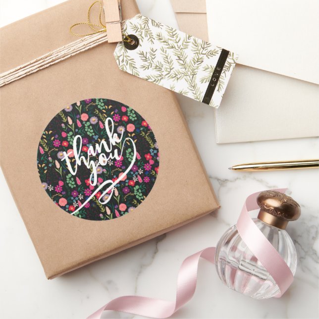 Boho Botanical Watercolor Flowers Black Classic Round Sticker (Gifting)