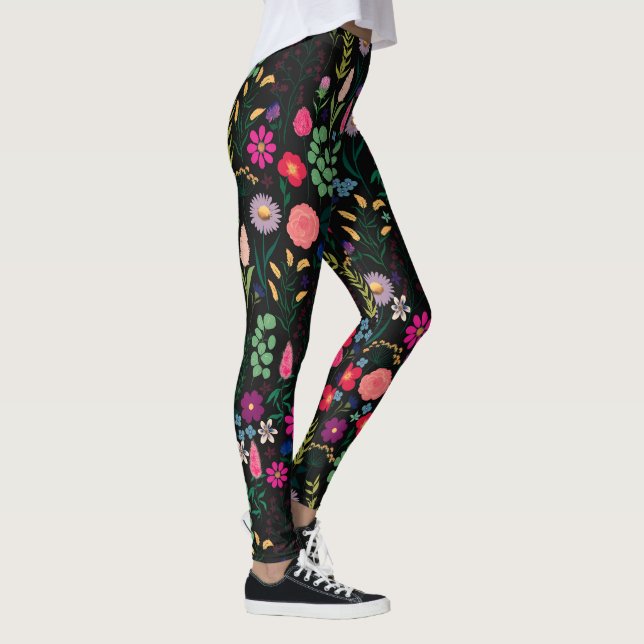 Boho Botanical Watercolor Flowers Black Leggings (Right)