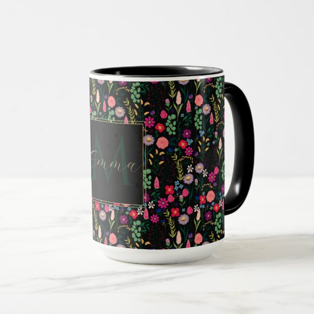 Boho Botanical Watercolor Flowers Black Mug (Front Right)