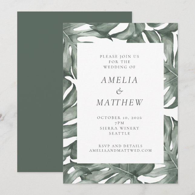 Boho Botanical Watercolor Monstera Green Wedding Invitation (Front/Back)